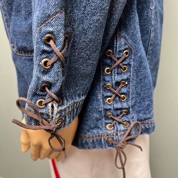 Vintage Lighthouse Jean Jacket Leather Lace up on arms sides pockets and neck. - Picture 6 of 16